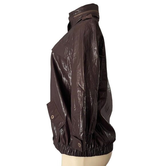 Chico’s 80’s Wet Look Brown Shiny Bomber Jacket Hooded 3/4 sleeve Size 1 / Med - Picture 3 of 12